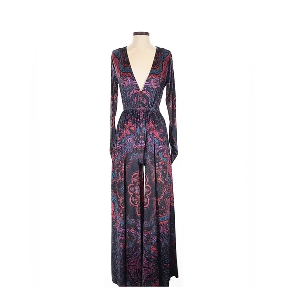 Free People Giselle Velvet Elegant Multicolor Paisley Jumpsuit XS